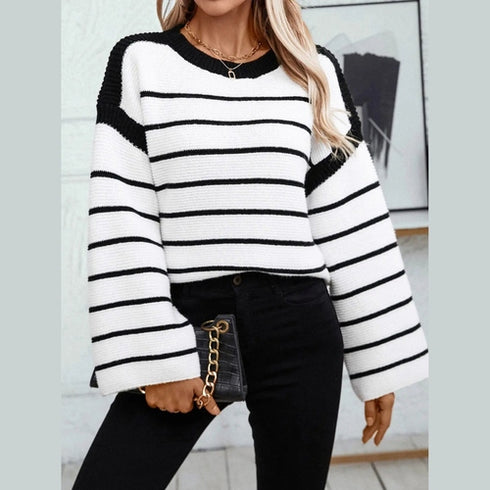 'Luna' Striped Crewneck Knit Sweater - Celes Fashion
